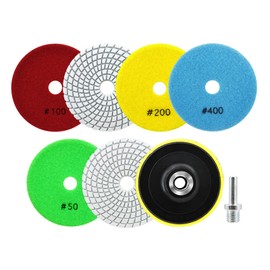 SANLEETEK Wet Diamond Polishing Discs - Diamond Polishing Pad 6 Pieces 100 mm Grit 50 x 2/100 x 2/200/400 with M14 Support Plate + Adapter for Granite Marble Artificial Stone Quartz for Angle Grinder