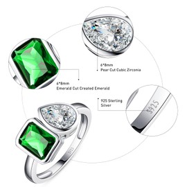 Yaresul Toi Et Moi Ring 925 Sterling Silver Emerald Engagement Ring For Women 6x8mm Double Stone Ring Emerald Shape & Pear Cut Cubic Zirconia Wedding Ring Width Band 1.9mm Size 9