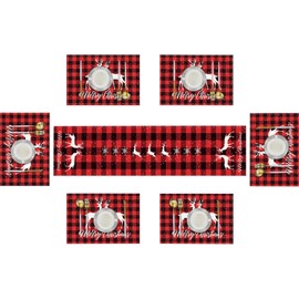 Emvency Merry Christmas Table Runner and Placemats Set of 6, Reindeer and Red Buffalo Plaid Dining Table Decor for Daily Use(1 Table Runner 72 inches Long and 6 Placemats)