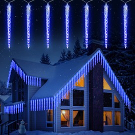 Icicle Lights Outdoor, 30Ft Meteor Shower Lights with 20 Tubes, Snowfall Shooting Star Light Effect, Falling Cascading Crystal Christmas Decorations for House, Eave, Roofline, Patio, Blue