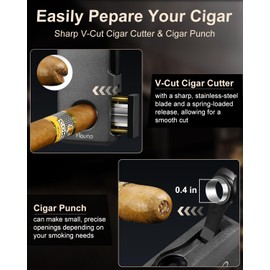 Cigar Lighter, 5- in -1 Torch Lighter, Built-in V-Cut Cigar Cutter, Cigar Punch, Cigar Draw Enhancer, Cigar Holder, Windproof Double Jet Flame, Refillable Butane for Smoking, Gift for Men
