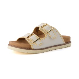 CUSHIONAIRE Women's Wyatt whipstitch footbed sandal with +Comfort, Wide Widths Available, Cream Smooth 9.5