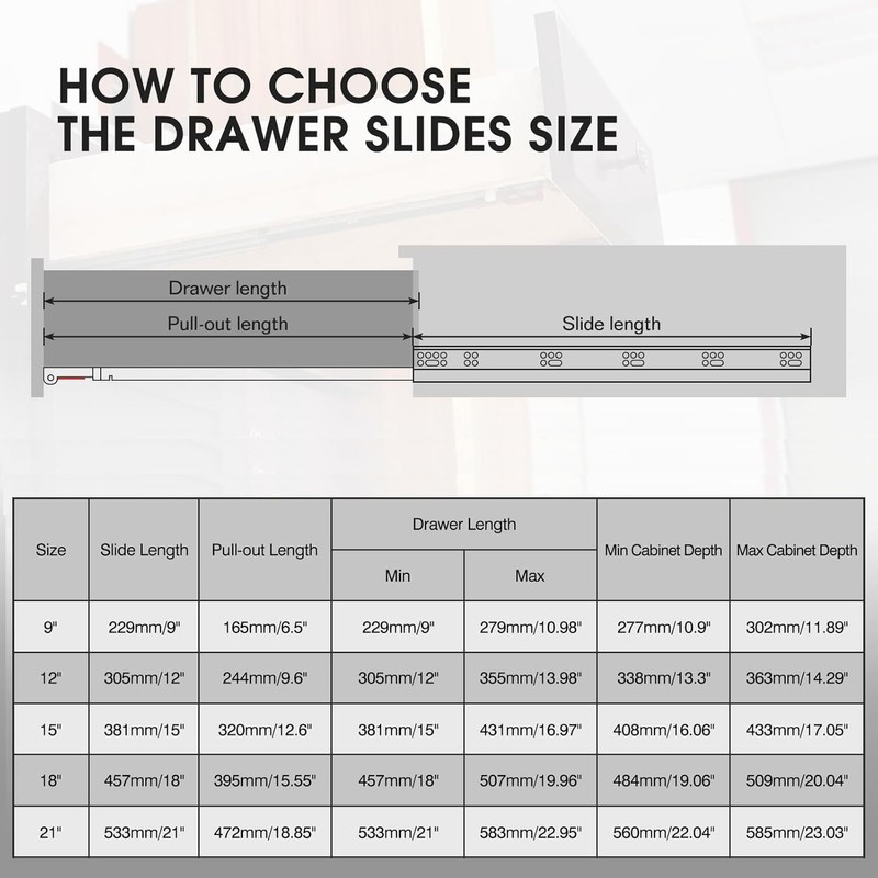 4 Pair 9 Inch Undermount Soft Close Drawer Slides Full