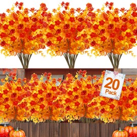 TURNMEON 20 Bundles Artificial Fall Flowers Fall Decorations - UV Resistant Fake Fall Flowers Plastic Flowers for Outdoor Faux Mums Fall Plants for Home GardensThanksgiving Fall Decor(Gold Orange)