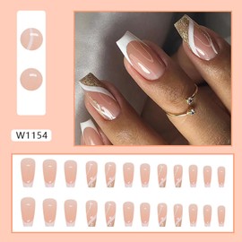 Press on Nails Square French Tip 24Pcs Glossy Full Cover Artificial White Medium Fake Nails with Gold Line Designs Coffin Acrylic False Nails Sets Glue Stick on Fingernails with Charm for Women
