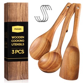 Wooden Spoons for Cooking, Wooden Cooking Utensils Set of 3 including Cooking Spoon, Rice Scooper, Soup Spoon Ladle - Nonstick Cookwares, BPA-Free, Heat Resistant Teak Wood Spoons for Kitchen Use