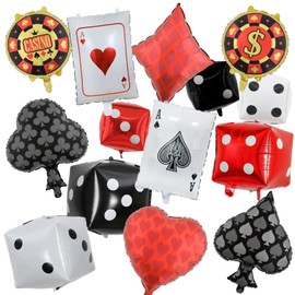14 Pcs Casino Party Balloons Set 32/24/16 Inch Poker Cards & Dice Foil Balloons Hearts Spades Diamonds Clubs for Casino Theme Decor Texas Holdem Party Supplies Las Vegas Game Night Decorations