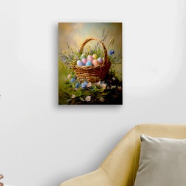WODMIS Easter Eggs Basket Spring Wall Decor Framed Canvas Wall Art, Vintage Wildflower Landscape Decor, Easter Bunny Eggs Wall Decor Canvas Home Decorations for Home Girls Room Dorm Wall Decor 11x14