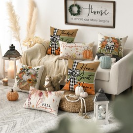 Artoid Mode Pumpkins Eucalyptus Leaves Truck Basket Autumn Cushion Covers Set of 4, 45x45 cm Decorative Pillow Case Cover Sofa Living Room Decor