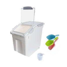 Qiveno Airtight Flour Storage Container 25 lb Rice Storage Container with Wheels Seal Locking Lid, Food Containers with Measuring Cup& Scoop for Flour, Rice, Grain(Gray)