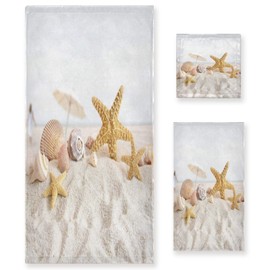 Towel Bathroom Sets, Ocean Sea Marine Starfish Seashell On Sand Beach Towels 3-Piece 1 Bath Towel 1 Washcloth 1 Hand Towel, Bath Towel Set of 3 Soft Multifuntion for Home Kitchen Hotel Gym Swim Spa