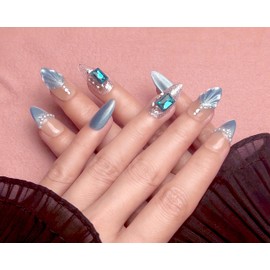 Handmade Press On Nails impress Fake Nails Medium Almond 3D Sea Shell Diamond Pearl light blue Glossy Rhinestones Finger Manicure glue False Nails press ons Nail Artificial Nails for women