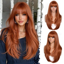 Long Layered Ginger Wig with Bangs Straight Synthetic Wig for Women 26 Inch