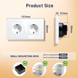 BSEED Schuko Socket, 2-Way Flush-Mounted Socket, Crystal Glass Wall Socket, 16 A Double Earthing Contact Socket, 157 mm, Pack of 2, White