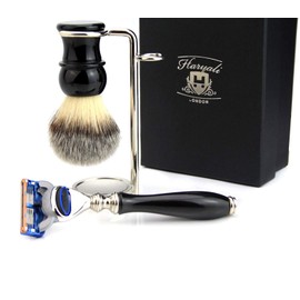 Vintage Luxury Men's Shaving Kit with Synthetic Hair Brush,3 Different Type of Razor to Choose & Stainless Steel Stand.Perfect Set for Men's (5 Edge Razor)