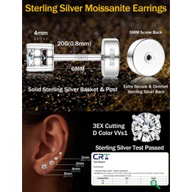 Thunaraz Moissanite Earrings, Round Cut Stud Earrings 925 Sterling Silver Earrings for Women Men Silver-4mm(0.3ct)