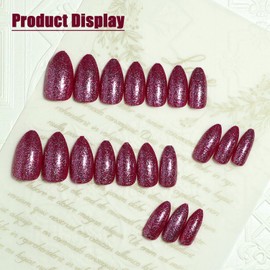 UV Press on Nails Medium Almond Shape, Glossy Dark Red Glitter False Nails Fake Nails with Sparkly Designs, Gel Nails Full Cover Acrylic Nails with Glue Stick on Artificial Fingernails for Women Girls