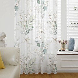 Eucalyptus Leaves Window Curtains 72 Inches Long,Watercolor Green Seasonal Spring Summer Plants Semi Sheers Rod Pocket Chiffon Panel Curtains Drapes Drapery Voile Draperies for Living Room/Bedroom