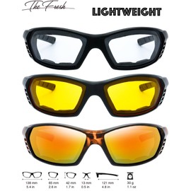 3 Pairs Motorcycle Riding Glasses Padded Frame Lens Block 100% UVB for Outdoor Activity Sport (8-Matte Black/Tortoise, Clear, Yellow, & Red Mirror)