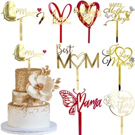 HeartYue - Decoración para tartas con texto en inglés «Happy Mother's Day», 8 unidades, color dorado, rojo y acrílico para decoración del día de la madre, suministros para fiestas de