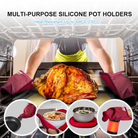 Easy Wear & Off, KooMall Silicone Pot Holders Set, Multi-Purpose Hot Pads for Kitchen, Trivets Potholders Oven Mitts for Baking Cooking Hot Dishes Pans, Anti-Slip Lining & Both Sides Heat Safety, Red