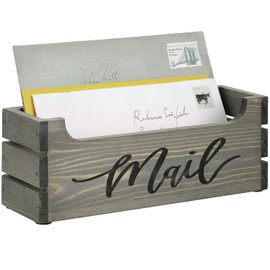 MyGift Vintage Weathered Gray Solid Wood Countertop Mail Holder Box, Crate Style Office Desktop Letter Storage Mailbox with Decorative Black Cursive Mail Label