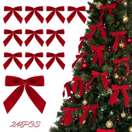 Christmas Decorations - Christmas Bows - 24 Pcs Medium Red Velvet Bows for Christmas Tree - Burgundy Xmas Ribbon Ornaments - Home Decor for Wreaths Garland Gift Wrapping Cabinet Crafts Wedding Party