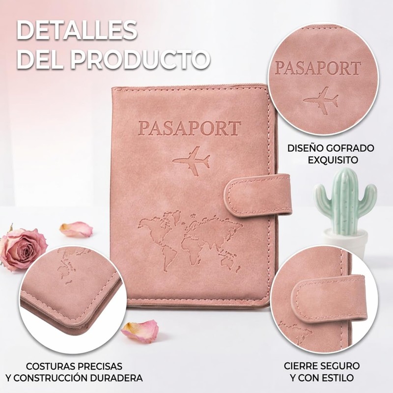 Porta Pasaporte Rosa, con Bloqueo RFID, Cuero PU Impermeable