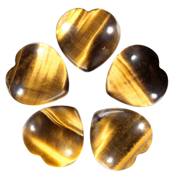 Nupuyai 5Pcs Tiger's Eye Crystal Heart Love Palm Tree Worry Stone for Chakra Reiki Healing Carved Stone for Home Decoration 2.5cm