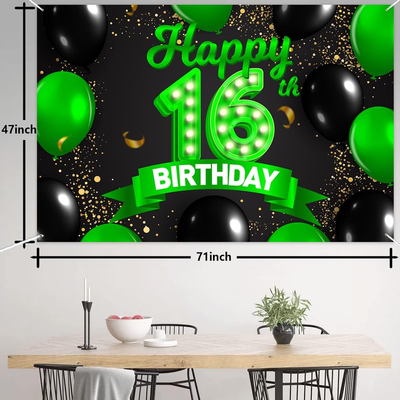 Happy 16th Birthday Green and Black Banner Backdrop Cheers to
