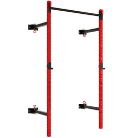 Soozier Wall Mounted Folding Squat Rack with Pull Up Bar, 1000 Pounds Capacity Power Rack, Adjustable Barbell Rack with J Hooks for Home Gym Full Body Workout, Red