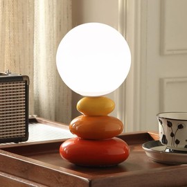 Mgchayoli Aesthetic Cute Small Lamp Modern Orange Funky Stacked Stone Ceramic Table Lamp Unique Glass LED Nightstand Bedside Living Room Bedroom Decor Side Table Gift(Glass Shade-Orange)