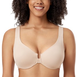DELIMIRA Women's Front Closure Racerback Bras Plus Size Underwire Unlined Full Coverage Plunge Bras Beige 42D