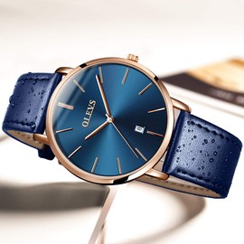 OLEVS Mens Watches Date Ultra Thin Minimalist Fashion Casual Analog Quartz Watch Slim Simple Big Face Waterproof Dress Wrist Watches with Leather Band for Men (Blue+Blue)