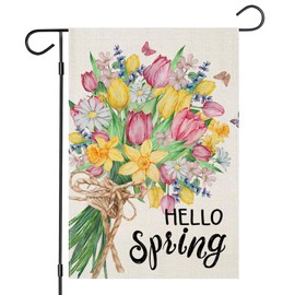 EKOREST Hello Spring Garden Flags for Outside, Seasonal Tulip Flowers for Holiday Anniversary Wedding Decor Small Yard Outdoor Decoration 12x18 Inch Double Sided