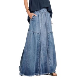 CHARTOU Women's Retro Elastic High Waist Frayed A-Line Maxi Denim Skirt with Pockets (XX-Large, Light Blue)