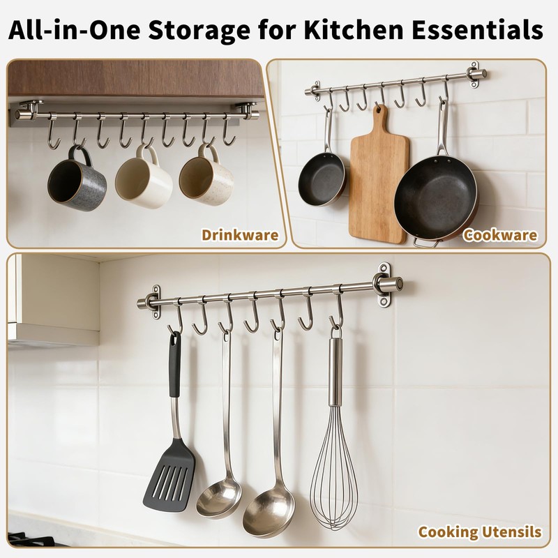 Funnacle 20" Kitchen Utensil Rack with 8 Sliding Hooks, 304