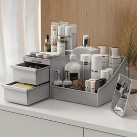 DancesCat Makeup Organizer Countertop, Vanity Organizer with Drawers for Cosmetics, Skincare, Brushes, Perfume, Skincare Organizer for Vanity, Perfume Organizer for Dresser, Bathroom (Grey&2 Drawers)