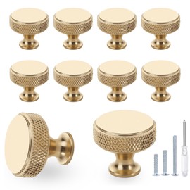 BASEPOW 10 Pack Cabinet Knobs,Brushed Gold Round Cabinet Knobs,Dresser Drawers Knobs and Pulls for Bathroom Closet Cupboard,Kitchen Cabinet Hardware (Gold)