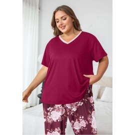 Vozanet Women's Pajama Sets Short Sleeve with Long Pant Soft Sleepwear Printed pj Loungewear With TWO Pockets Size 1X to 5X, Pink Floral/Wine Red, 5X-Large