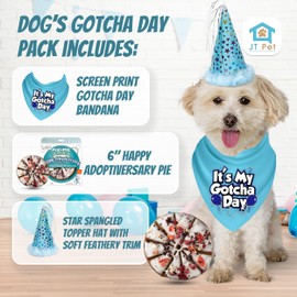 JT PET Dog Gotcha Day Party Pack with Bandana, Star Spangled Adjustable Elastic Blue Party Hat with Tassels and Feathery Trim, Vegan Pie Included, Boy, Small
