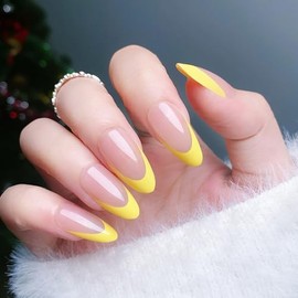 CUZIAM Lemon Yellow French Tip Press on Nails for Women, Medium Almond Neon Yellow Spring Summer Soft Gel Full Cover Stick on Nails, 24Pcs Glossy Reusable Perfectly Fit False Fake Nails Kit with Glue