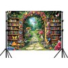 Fairy Library Backdrop,Magic Bookshelf Garden Reading Theme Party Banner,Enchanted Forest