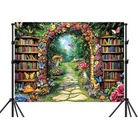 Fairy Library Backdrop,Magic Bookshelf Garden Reading Theme Party Banner,Enchanted Forest Fairytale Woodland Storybook Photography Background Photo Booth,7x5FT