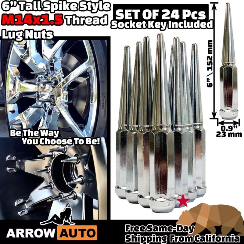 ARROW 24x 6" Extra Tall Chrome M14x1.5 Spike Lug Nuts