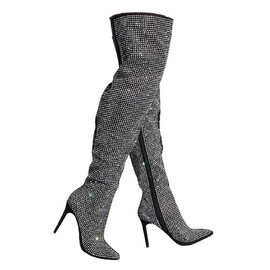 AKIRA Women's All Over Diamond Rhinestone Stripe Front Slouchy Thigh High Stiletto Boots-BLACK_10