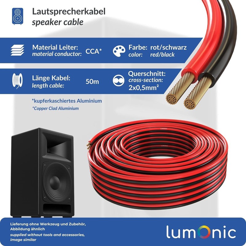 Lumonic Lautsprecherkabel | 50m Rot Schwarz | 2X 0,5mm² CCA