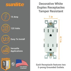 Sunlite E559 Decorative Duplex Receptacles Tamper Resistant, 15 Amp, 125 Volts, Grounded, Modern Design, Outlet, UL Listed, White, 12 Count