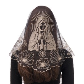Bozidol Church Catholic Veils for Women, Triangle Black Gold Blessed Virgin Mary and Camellia Embroidered Lace Mantilla Chapel Veil, Latin Mass Head Coverings with Clip