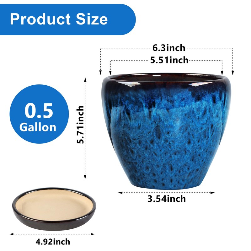 Ceramic Plant Pots With Saucer & Drainage Hole, 6 inch